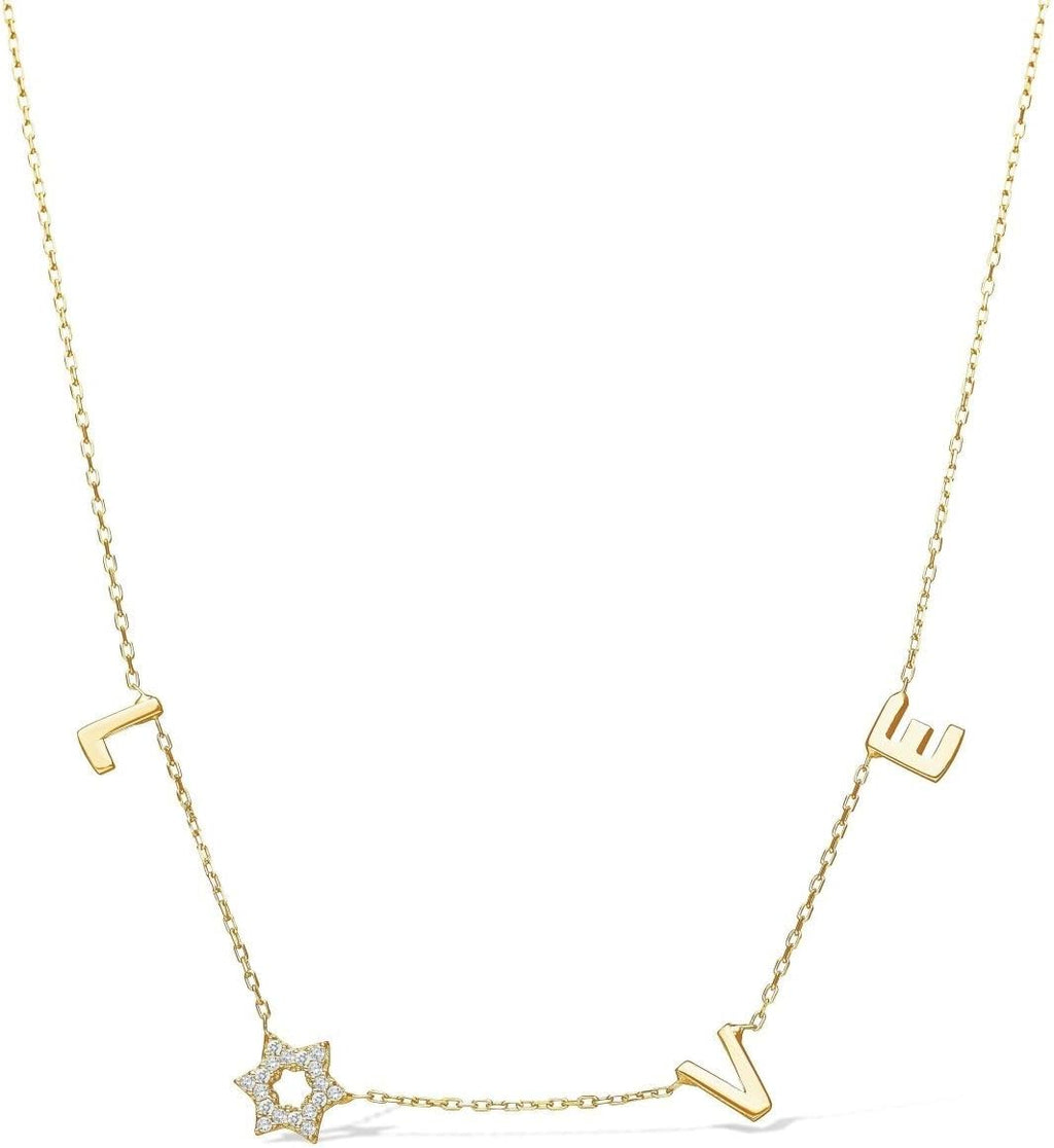LOVE WITH A JEWISH STAR IN GOLD: The word LOVE is spelled out in warm yellow gold script letter charms where the letter O is replaced by a Star of David set with cubic zirconia, a clever and beautiful