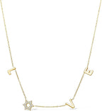LOVE WITH A JEWISH STAR IN GOLD: The word LOVE is spelled out in warm yellow gold script letter charms where the letter O is replaced by a Star of David set with cubic zirconia, a clever and beautiful