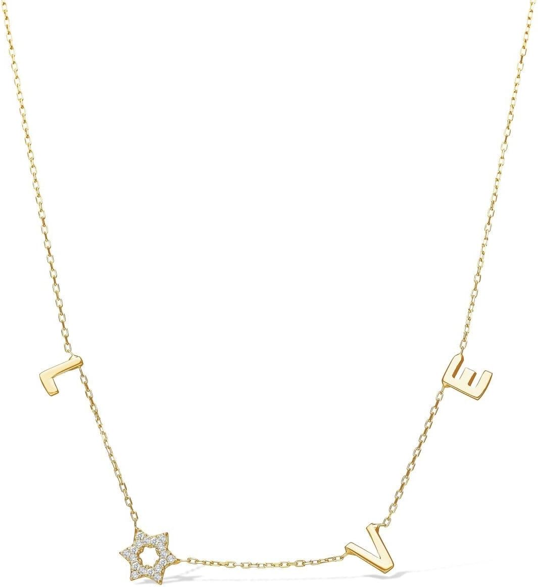 LOVE WITH A JEWISH STAR IN GOLD: The word LOVE is spelled out in warm yellow gold script letter charms where the letter O is replaced by a Star of David set with cubic zirconia, a clever and beautiful