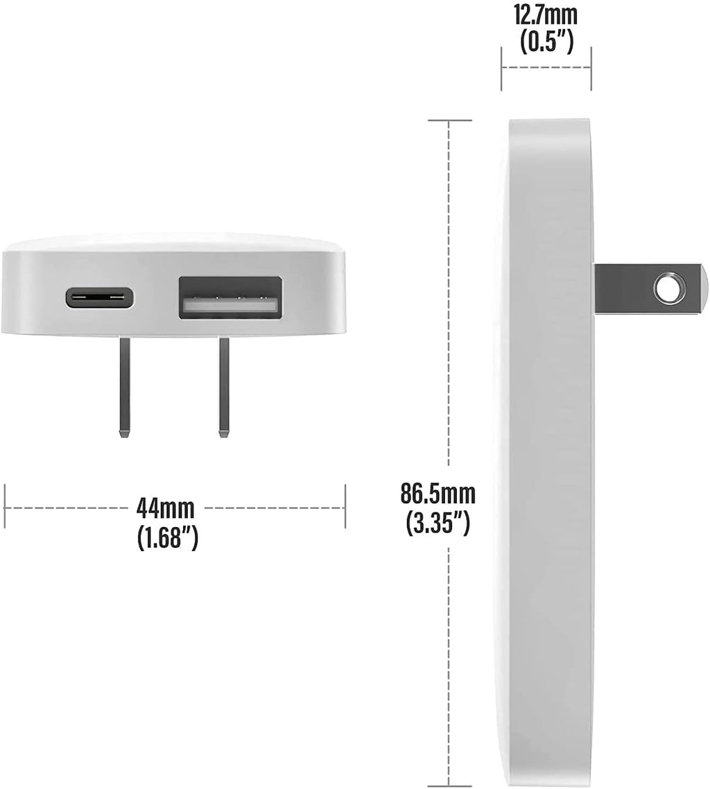 (3 Pack) Flat Type C Wall Charger, Galvanox Ultra Slim Dual Port USB-C/USB-A Multi Port Travel Plug, Low Profile Power Adapter (Fast Charging 20W)