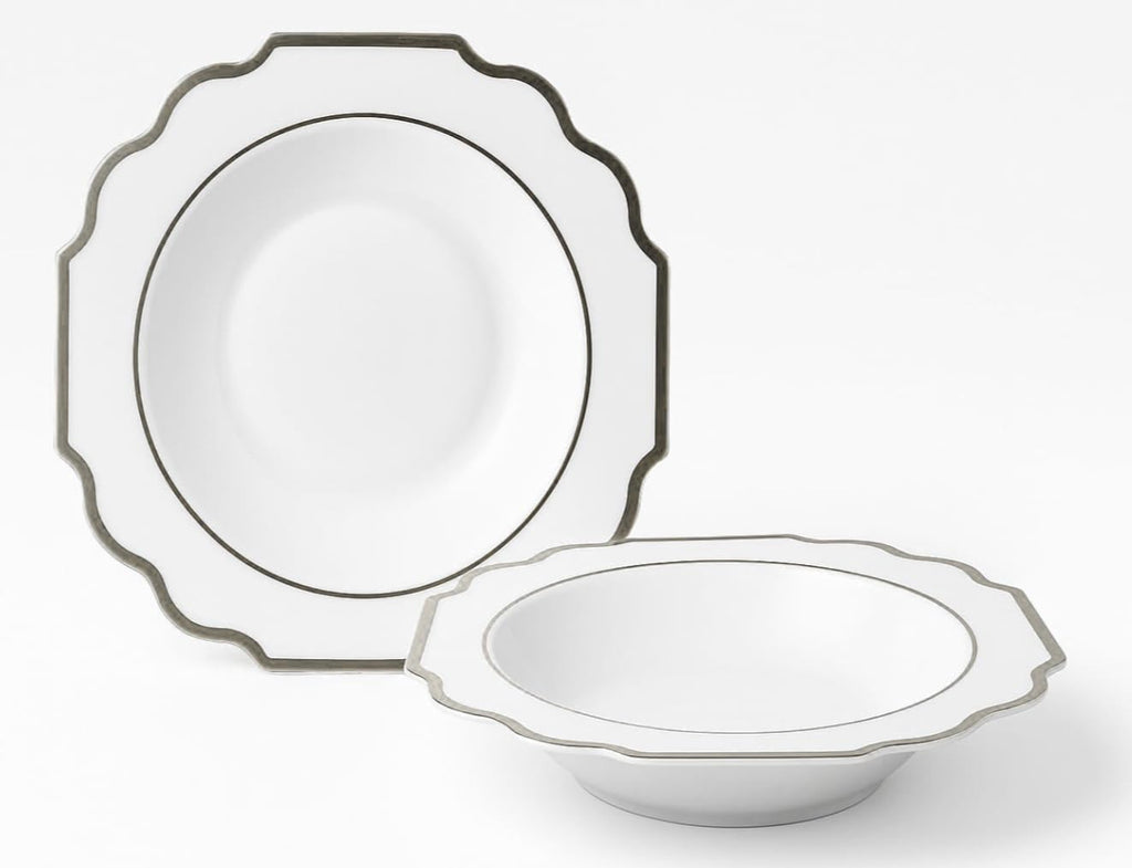 " OCCASIONS " 120 Plates Pack, Heavyweight Disposable Wedding Party Plastic Plates (6.5'' Cake/Dessert Plate, Imperial White/Blue & Silver)