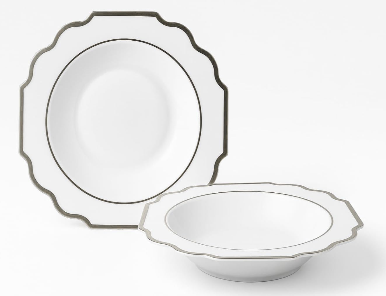 " OCCASIONS " 120 Plates Pack, Heavyweight Disposable Wedding Party Plastic Plates (6.5'' Cake/Dessert Plate, Imperial White/Blue & Silver)
