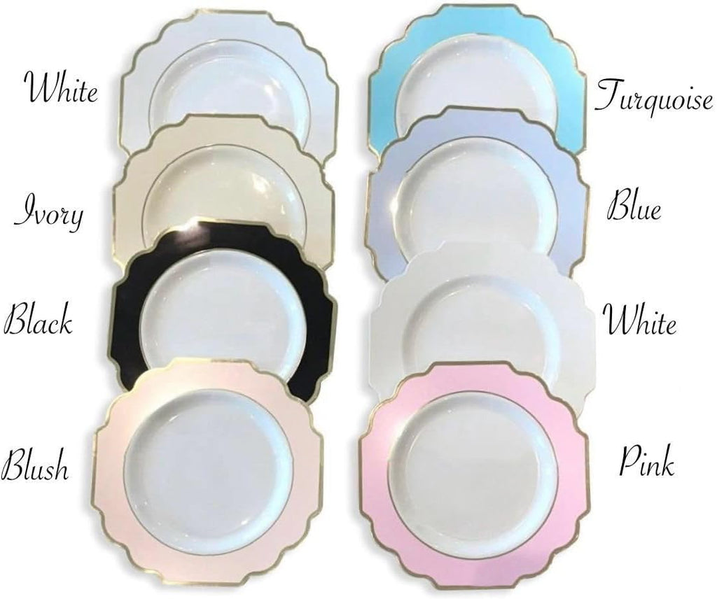 " OCCASIONS " 120 Plates Pack, Heavyweight Disposable Wedding Party Plastic Plates (6.5'' Cake/Dessert Plate, Imperial White/Blue & Silver)