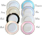 " OCCASIONS " 120 Plates Pack, Heavyweight Disposable Wedding Party Plastic Plates (6.5'' Cake/Dessert Plate, Imperial White/Blue & Silver)