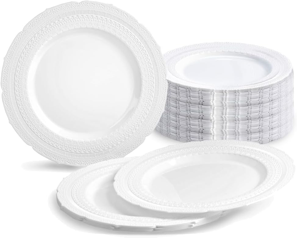 " OCCASIONS " 120 Plates Pack, Extra Heavyweight Disposable Vintage Wedding Party Plastic Plates (11'' Dinner Plate, Chateau in Blue)