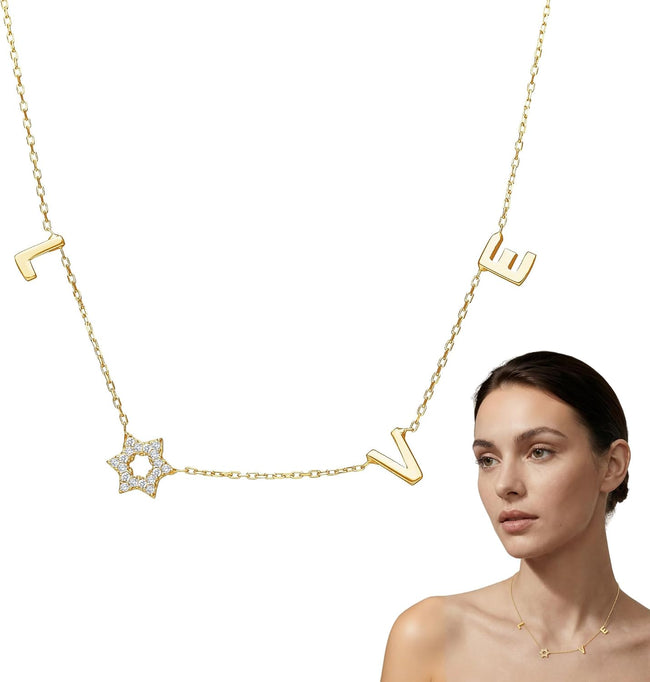 LOVE WITH A JEWISH STAR IN GOLD: The word LOVE is spelled out in warm yellow gold script letter charms where the letter O is replaced by a Star of David set with cubic zirconia, a clever and beautiful Main Image