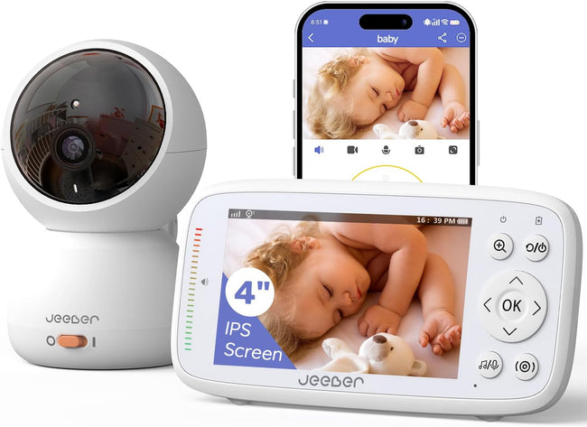 1080P WiFi Baby Monitor with Camera and Audio, Pan-Tilt-Zoom Video Camera, 4'' IPS Screen, HD Night Vision, Motion & Cry Detection, 360° View, Temperature Sensor, Feeding Reminder, Lullabies Hover Image