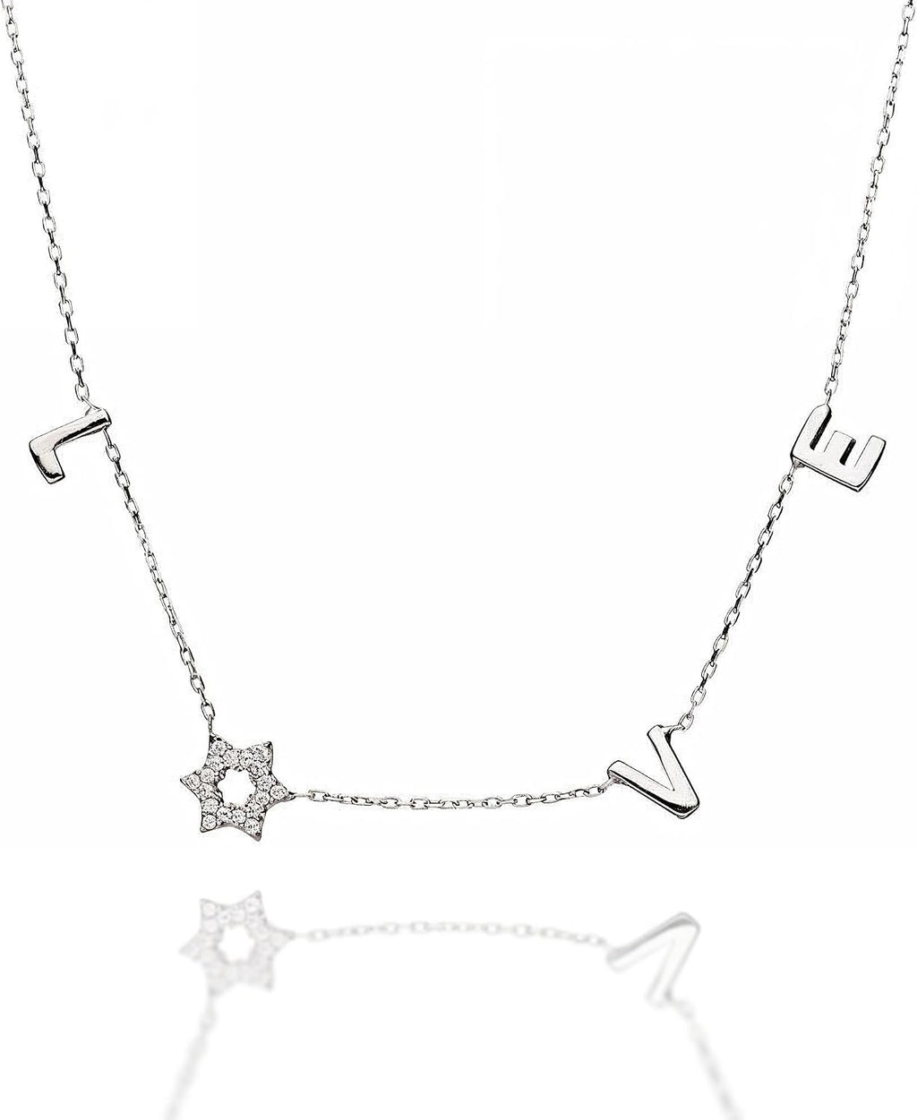 LOVE WITH A JEWISH STAR IN GOLD: The word LOVE is spelled out in warm yellow gold script letter charms where the letter O is replaced by a Star of David set with cubic zirconia, a clever and beautiful