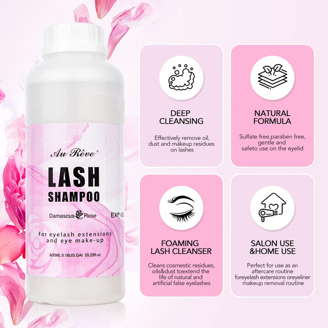 "AuReve Eyelash Extension Cleanser Lash Shampoo Foam, Eyelid Cleanser for Makeup Remover Eyelash Care, Paraben & Sulfate Free for Salon and Home Use (Rose 600ml)" Main Image