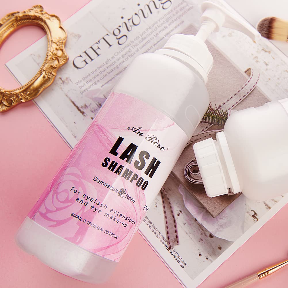 "AuReve Eyelash Extension Cleanser Lash Shampoo Foam, Eyelid Cleanser for Makeup Remover Eyelash Care, Paraben & Sulfate Free for Salon and Home Use (Rose 600ml)"