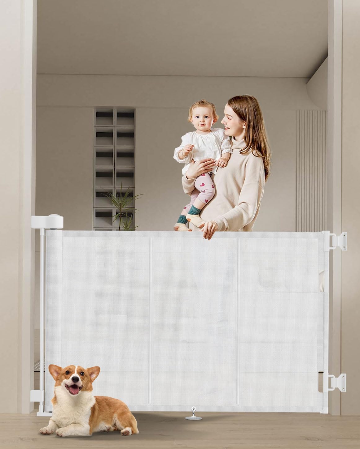 120 inch Retractable Baby Gates 34 inch Tall, Retractable Gate with Reinforced Strip Design to Prevent Crawling Through, 10 FT Extra Wide Retractable Dog Gate for Indoor/Outdoor