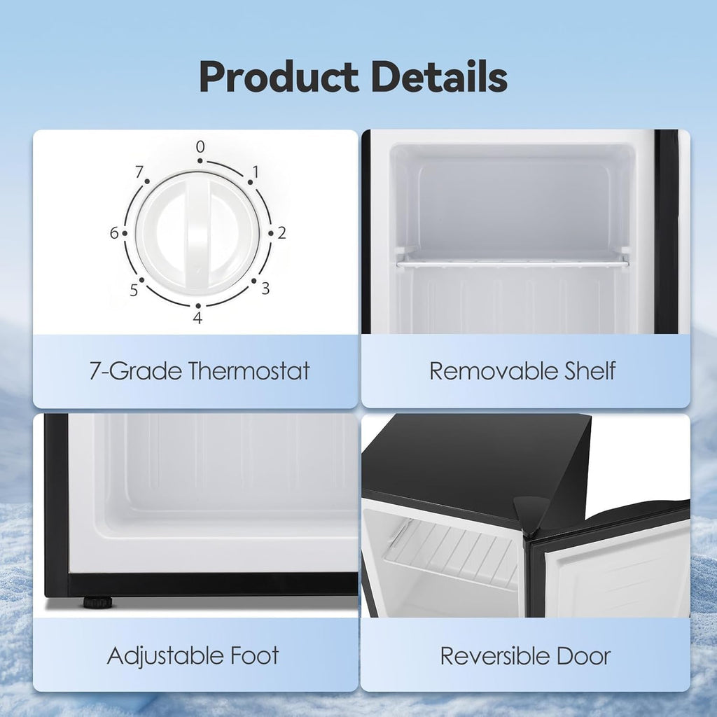 1.1 Cu.ft Small Upright Freezer, Mini Freezer with Removable Shelves, Adjustable Thermostat, Reversible Door Hinge, Quiet for Home/Dorm/Office/Kitchen, Black