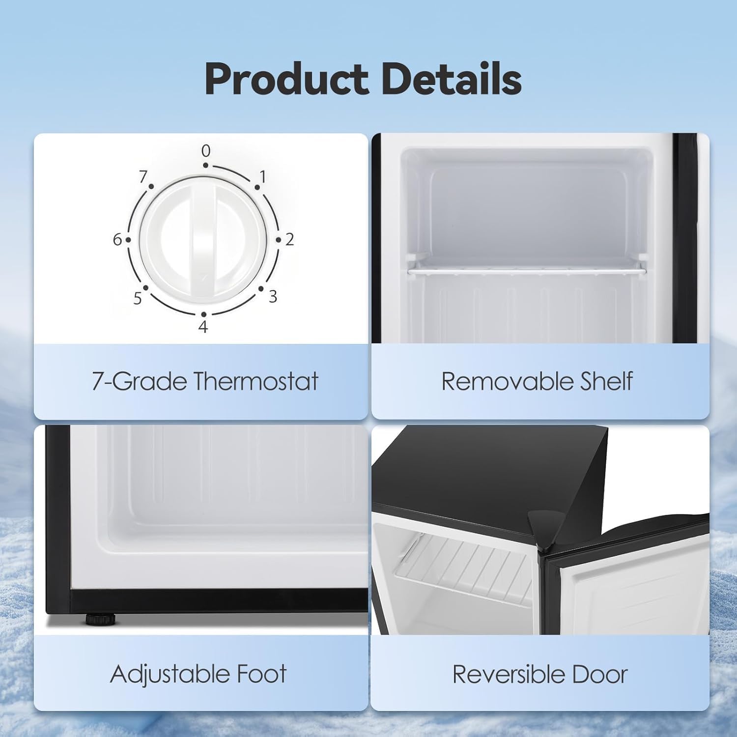 1.1 Cu.ft Small Upright Freezer, Mini Freezer with Removable Shelves, Adjustable Thermostat, Reversible Door Hinge, Quiet for Home/Dorm/Office/Kitchen, Black