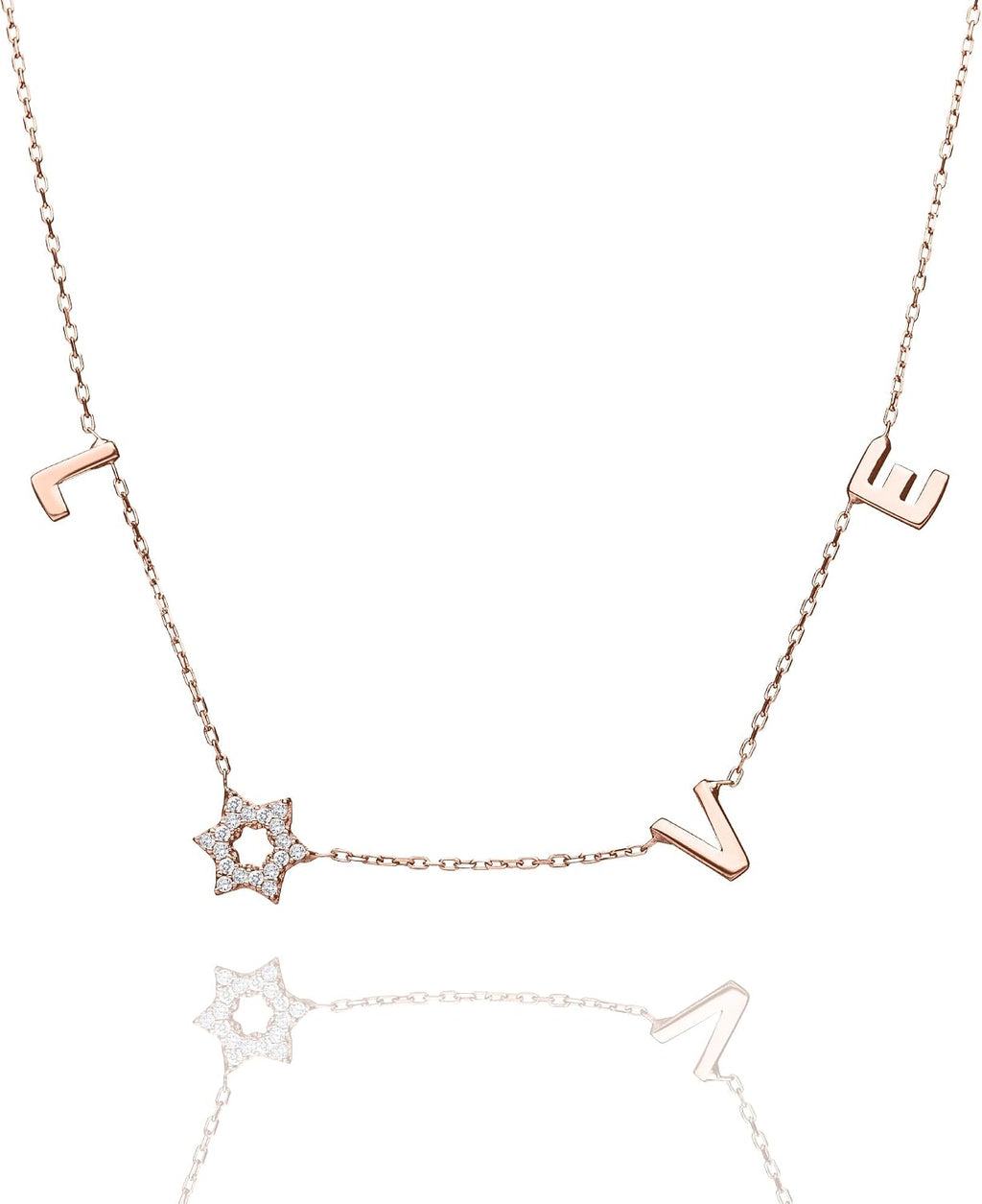 LOVE WITH A JEWISH STAR IN GOLD: The word LOVE is spelled out in warm yellow gold script letter charms where the letter O is replaced by a Star of David set with cubic zirconia, a clever and beautiful