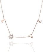 LOVE WITH A JEWISH STAR IN GOLD: The word LOVE is spelled out in warm yellow gold script letter charms where the letter O is replaced by a Star of David set with cubic zirconia, a clever and beautiful