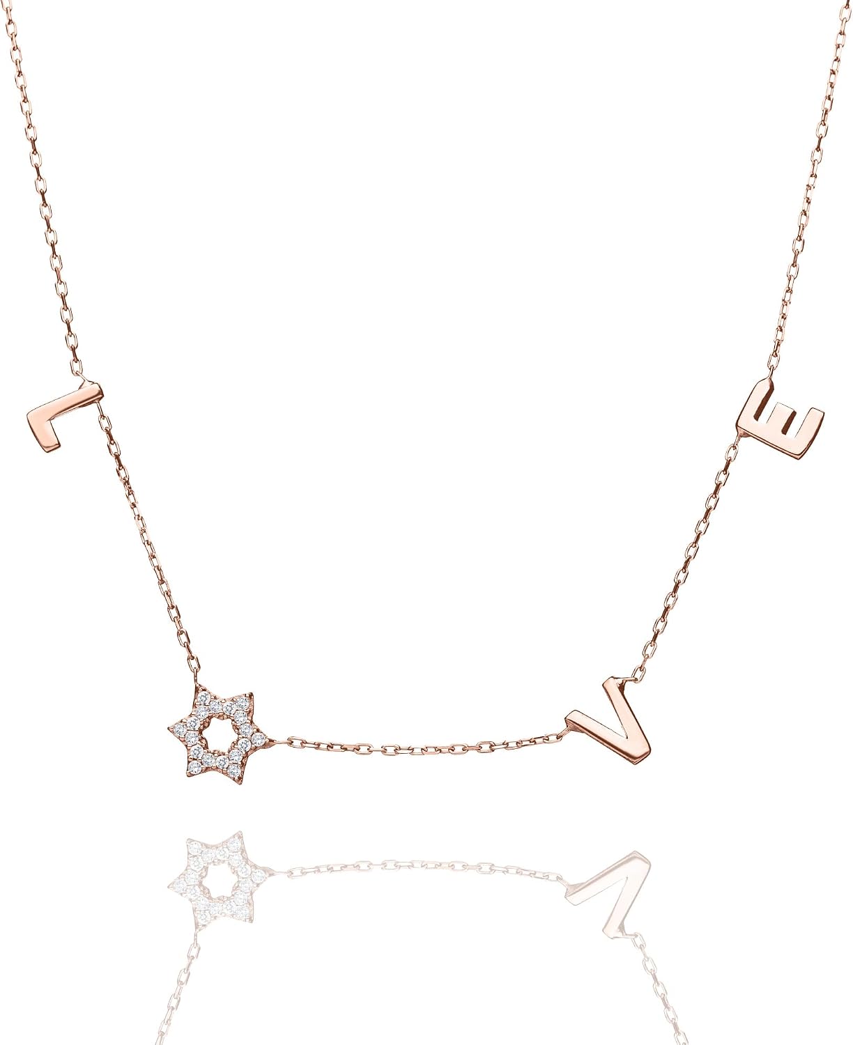 LOVE WITH A JEWISH STAR IN GOLD: The word LOVE is spelled out in warm yellow gold script letter charms where the letter O is replaced by a Star of David set with cubic zirconia, a clever and beautiful