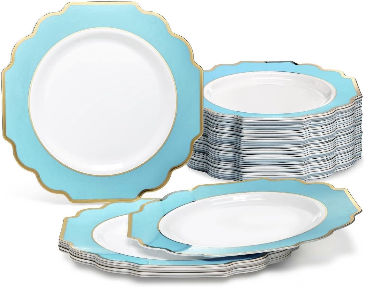 " OCCASIONS " 120 Plates Pack, Heavyweight Disposable Wedding Party Plastic Plates (6.5'' Cake/Dessert Plate, Imperial White/Blue & Silver)