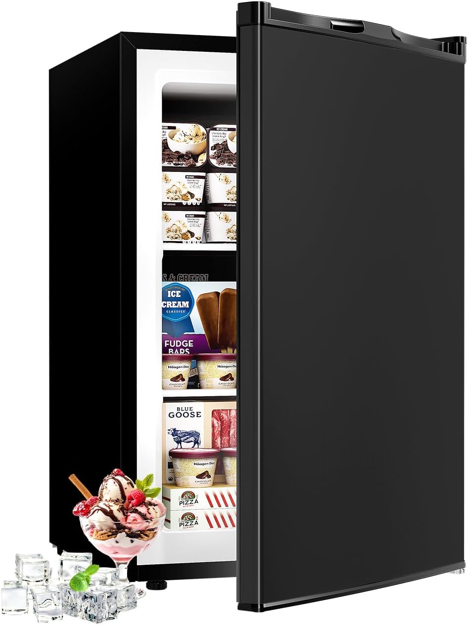 1.1 Cu.ft Mini Freezer - Compact Upright Freezer with 7 Adjustable Thermostat, Removable Shelf, Reversible Single Door, 360°Uniform Cooling Small freezer for Home Office Kitchen Dorm, Silver