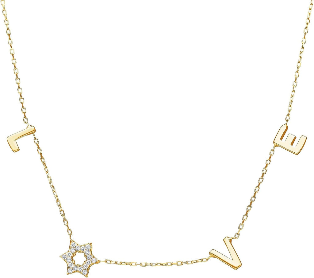 LOVE WITH A JEWISH STAR IN GOLD: The word LOVE is spelled out in warm yellow gold script letter charms where the letter O is replaced by a Star of David set with cubic zirconia, a clever and beautiful