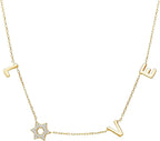 LOVE WITH A JEWISH STAR IN GOLD: The word LOVE is spelled out in warm yellow gold script letter charms where the letter O is replaced by a Star of David set with cubic zirconia, a clever and beautiful