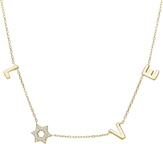 LOVE WITH A JEWISH STAR IN GOLD: The word LOVE is spelled out in warm yellow gold script letter charms where the letter O is replaced by a Star of David set with cubic zirconia, a clever and beautiful Hover Image