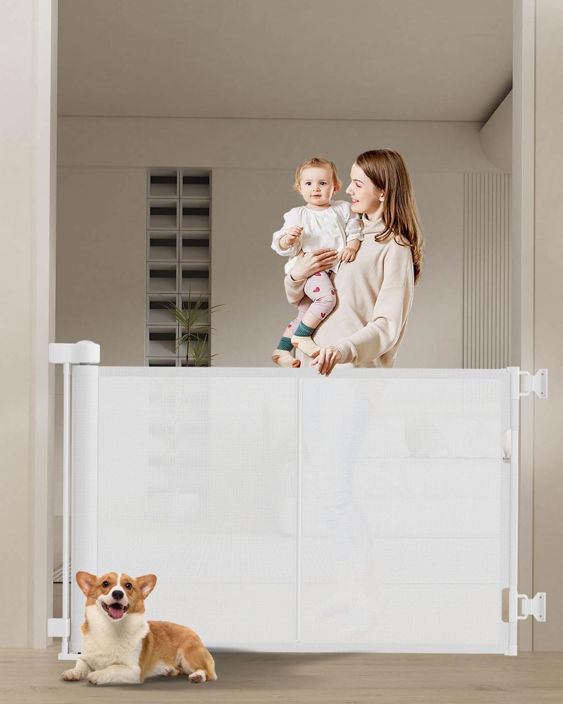 120 inch Retractable Baby Gates 34 inch Tall, Retractable Gate with Reinforced Strip Design to Prevent Crawling Through, 10 FT Extra Wide Retractable Dog Gate for Indoor/Outdoor