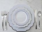 " OCCASIONS " 120 Plates Pack, Heavyweight Disposable Wedding Party Plastic Plates (6.5'' Cake/Dessert Plate, Imperial White/Blue & Silver)