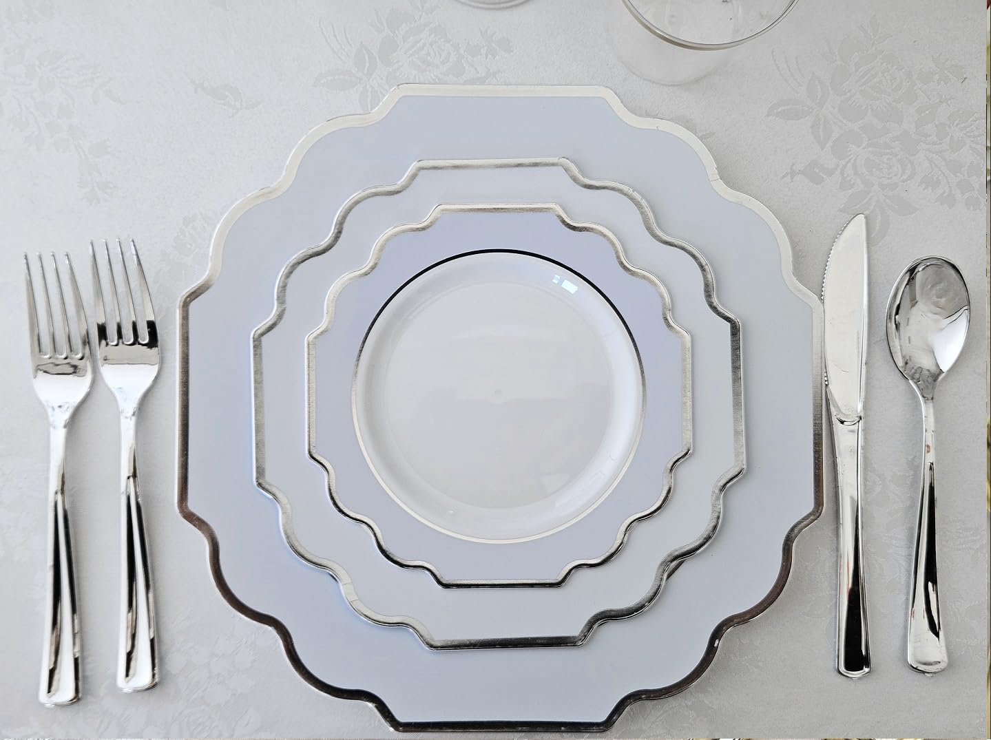" OCCASIONS " 120 Plates Pack, Heavyweight Disposable Wedding Party Plastic Plates (6.5'' Cake/Dessert Plate, Imperial White/Blue & Silver)