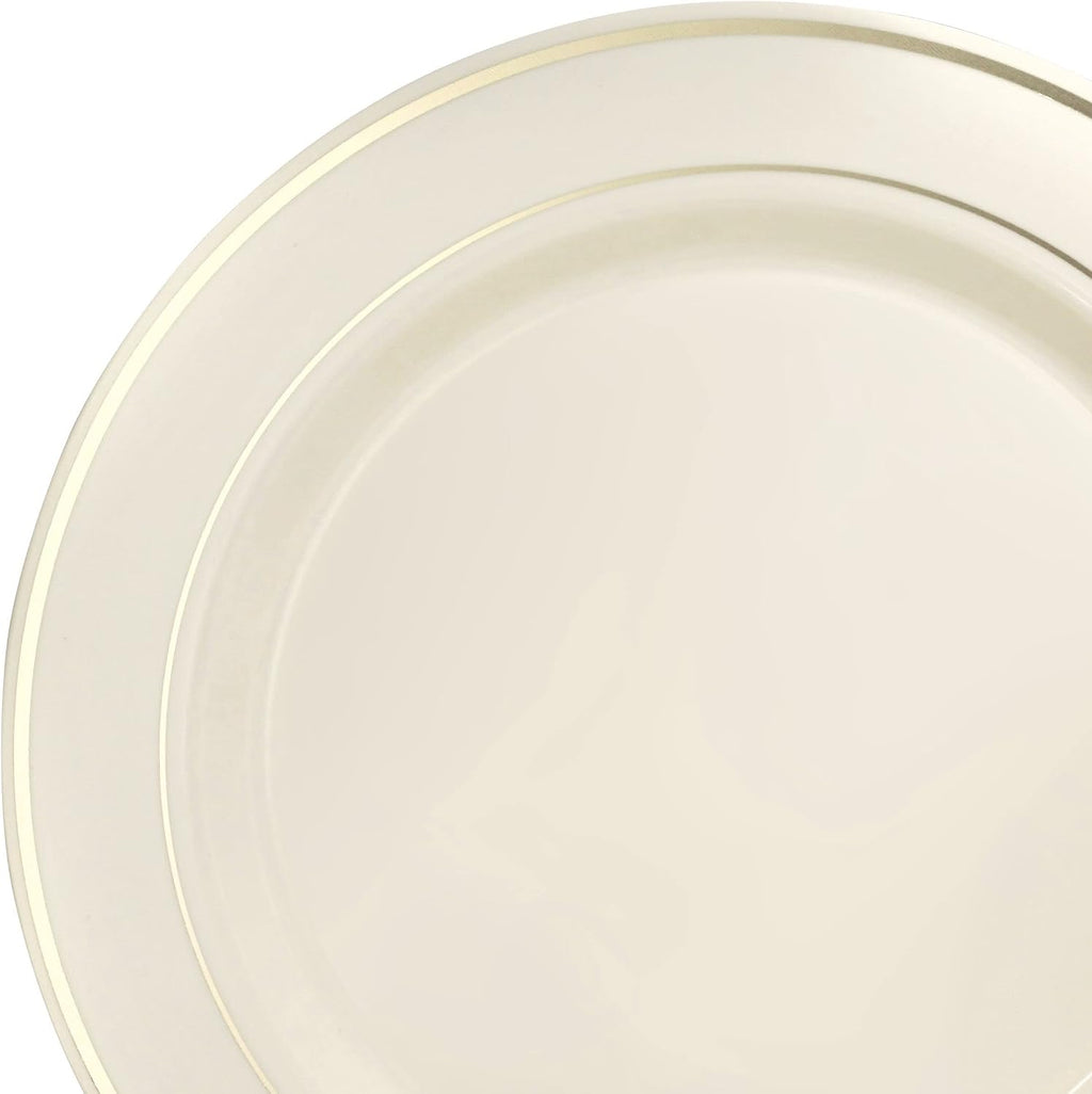 " OCCASIONS " 120 Plates Pack, Heavyweight Premium Disposable Plastic Plates Set 60 x 10.5'' Dinner + 60 x 6.25'' Dessert/Cake Plates (Ivory & Gold Rim)
