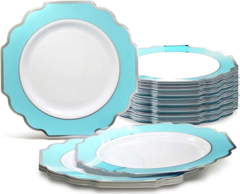 " OCCASIONS " 120 Plates Pack, Heavyweight Disposable Wedding Party Plastic Plates (6.5'' Cake/Dessert Plate, Imperial White/Blue & Silver)