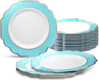 " OCCASIONS " 120 Plates Pack, Heavyweight Disposable Wedding Party Plastic Plates (6.5'' Cake/Dessert Plate, Imperial White/Blue & Silver)