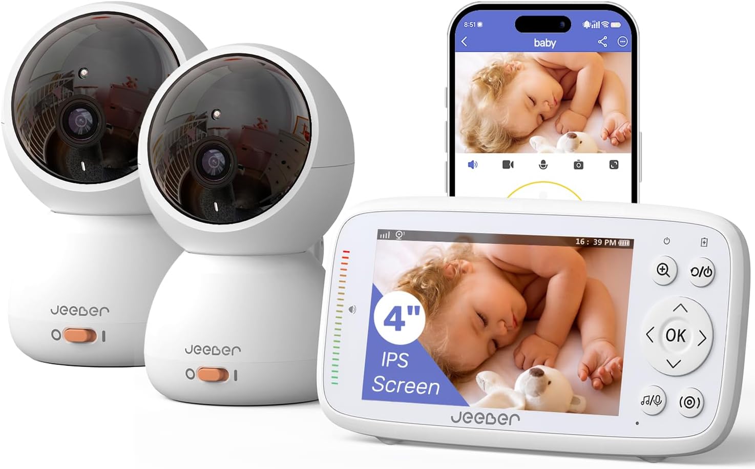 1080P WiFi Baby Monitor with Camera and Audio, Pan-Tilt-Zoom Video Camera, 4'' IPS Screen, HD Night Vision, Motion & Cry Detection, 360° View, Temperature Sensor, Feeding Reminder, Lullabies