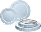 " OCCASIONS " 100 Plates Pack,(50 Guests) Vintage Wedding Party Disposable Plastic Plates Set -50x10.25'' Dinner + 50x7.5'' Salad/Dessert Plate (Portofino in plain Ivory)