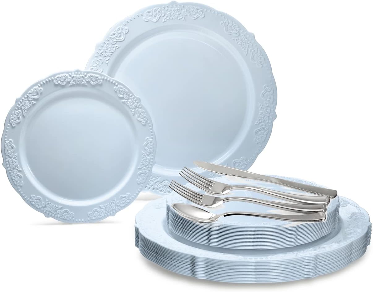 " OCCASIONS " 100 Plates Pack,(50 Guests) Vintage Wedding Party Disposable Plastic Plates Set -50x10.25'' Dinner + 50x7.5'' Salad/Dessert Plate (Portofino in plain Ivory)