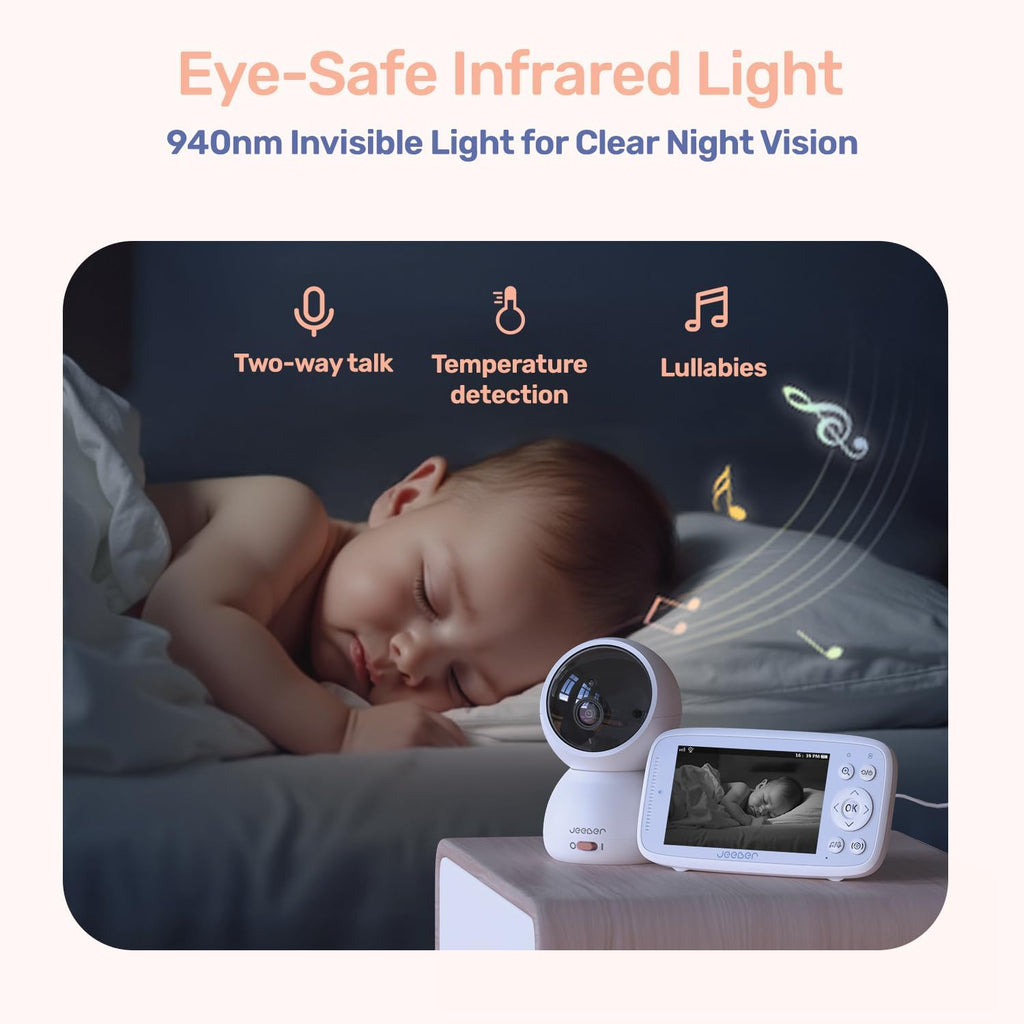 1080P WiFi Baby Monitor with Camera and Audio, Pan-Tilt-Zoom Video Camera, 4'' IPS Screen, HD Night Vision, Motion & Cry Detection, 360° View, Temperature Sensor, Feeding Reminder, Lullabies