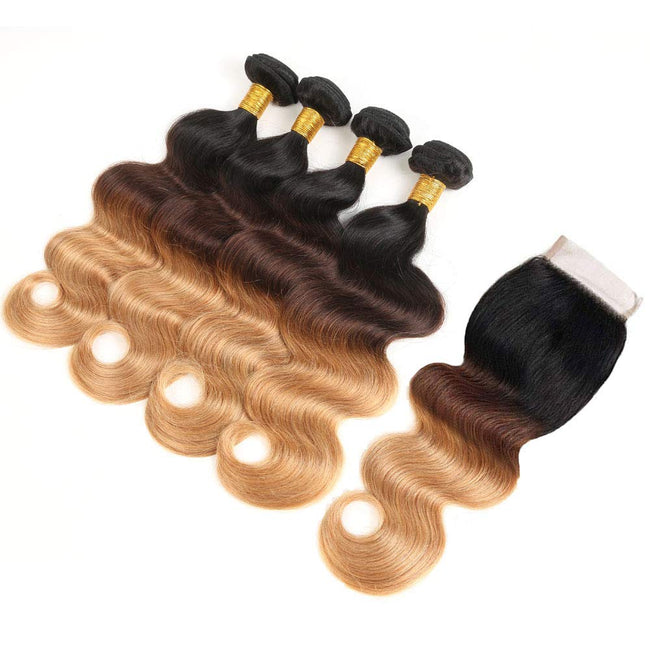 Ombre Human Hair Bundles with Closure 100% Unprocessed Virgin Brazilian Human Hair Body Wave 4 Bundles with 4x4 Lace Closure Free Part (10 10 10 10+10#T1B/4/27) Hover Image