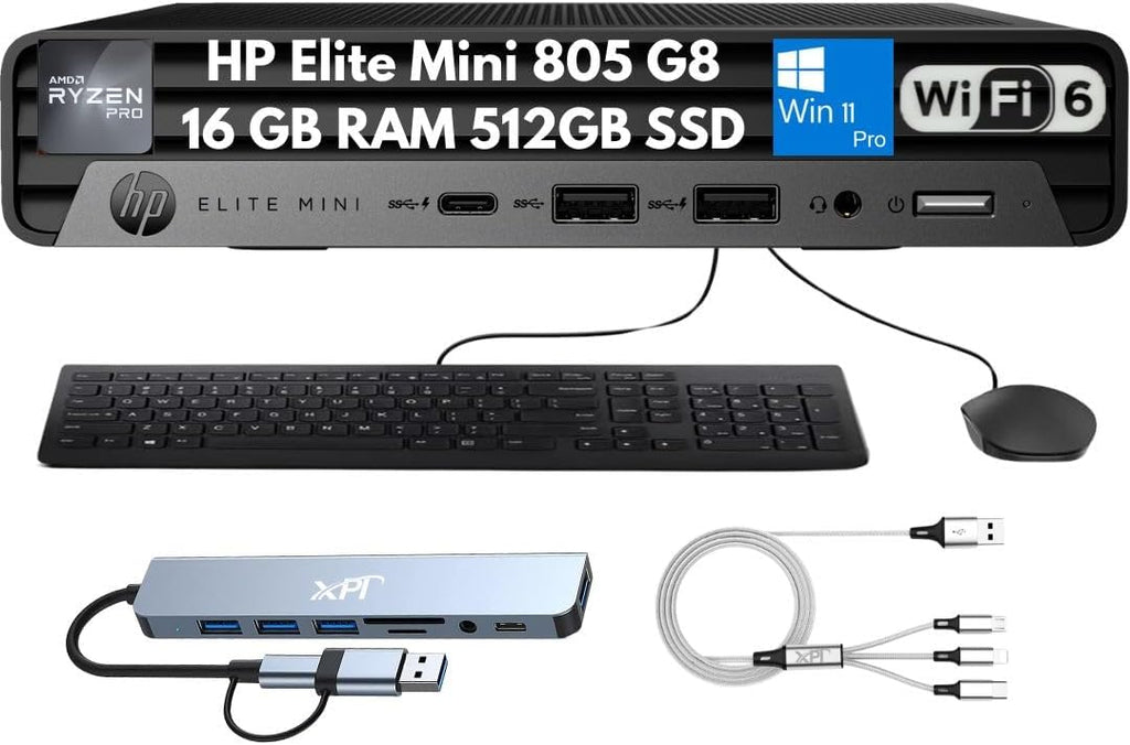 Elite Mini 805 G8 Mini Desktop 2026, AMD Ryzen 5 PRO 5650G (6-Core), 16GB RAM, 512GB SSD, 4K Display Support, Quiet Operation, Docking Station, Wi-Fi 6, Ethernet, Keyboard & Mouse, Windows 11 Pro