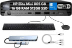 Elite Mini 805 G8 Mini Desktop 2026, AMD Ryzen 5 PRO 5650G (6-Core), 16GB RAM, 512GB SSD, 4K Display Support, Quiet Operation, Docking Station, Wi-Fi 6, Ethernet, Keyboard & Mouse, Windows 11 Pro