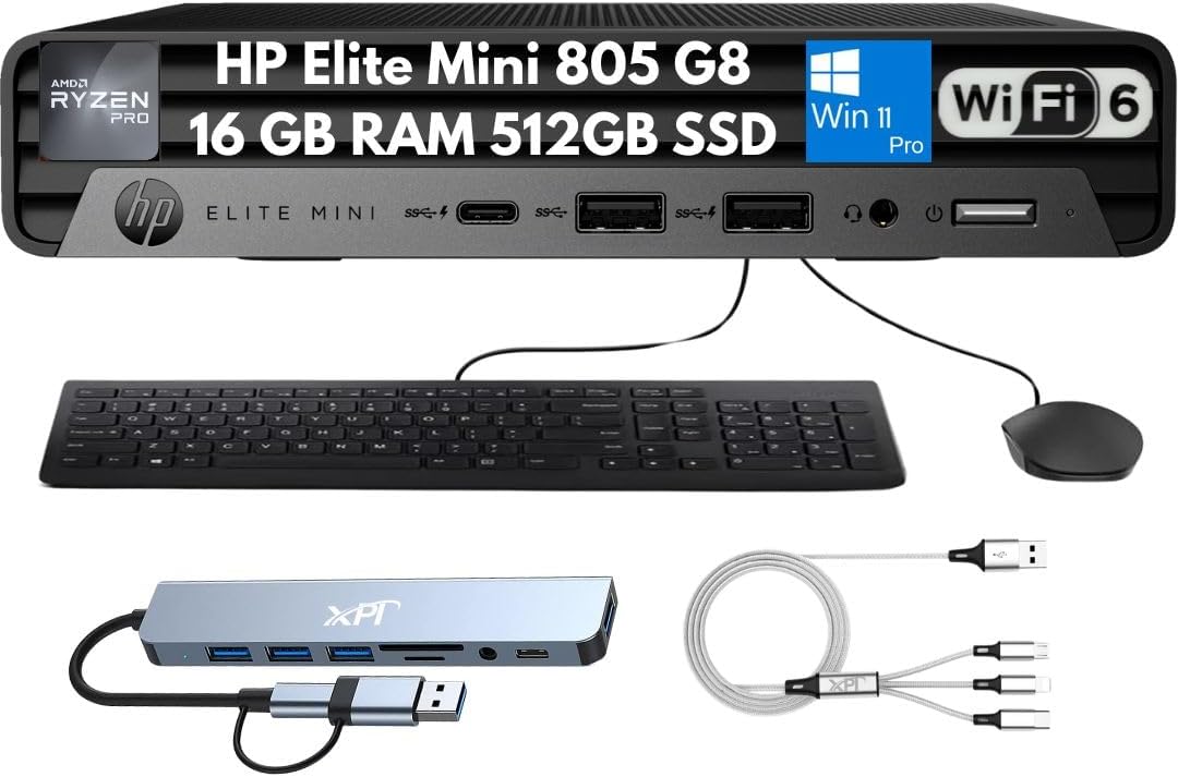 Elite Mini 805 G8 Mini Desktop 2026, AMD Ryzen 5 PRO 5650G (6-Core), 16GB RAM, 512GB SSD, 4K Display Support, Quiet Operation, Docking Station, Wi-Fi 6, Ethernet, Keyboard & Mouse, Windows 11 Pro