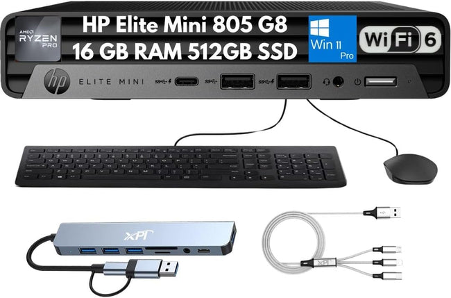 Elite Mini 805 G8 Mini Desktop 2026, AMD Ryzen 5 PRO 5650G (6-Core), 16GB RAM, 512GB SSD, 4K Display Support, Quiet Operation, Docking Station, Wi-Fi 6, Ethernet, Keyboard & Mouse, Windows 11 Pro Hover Image