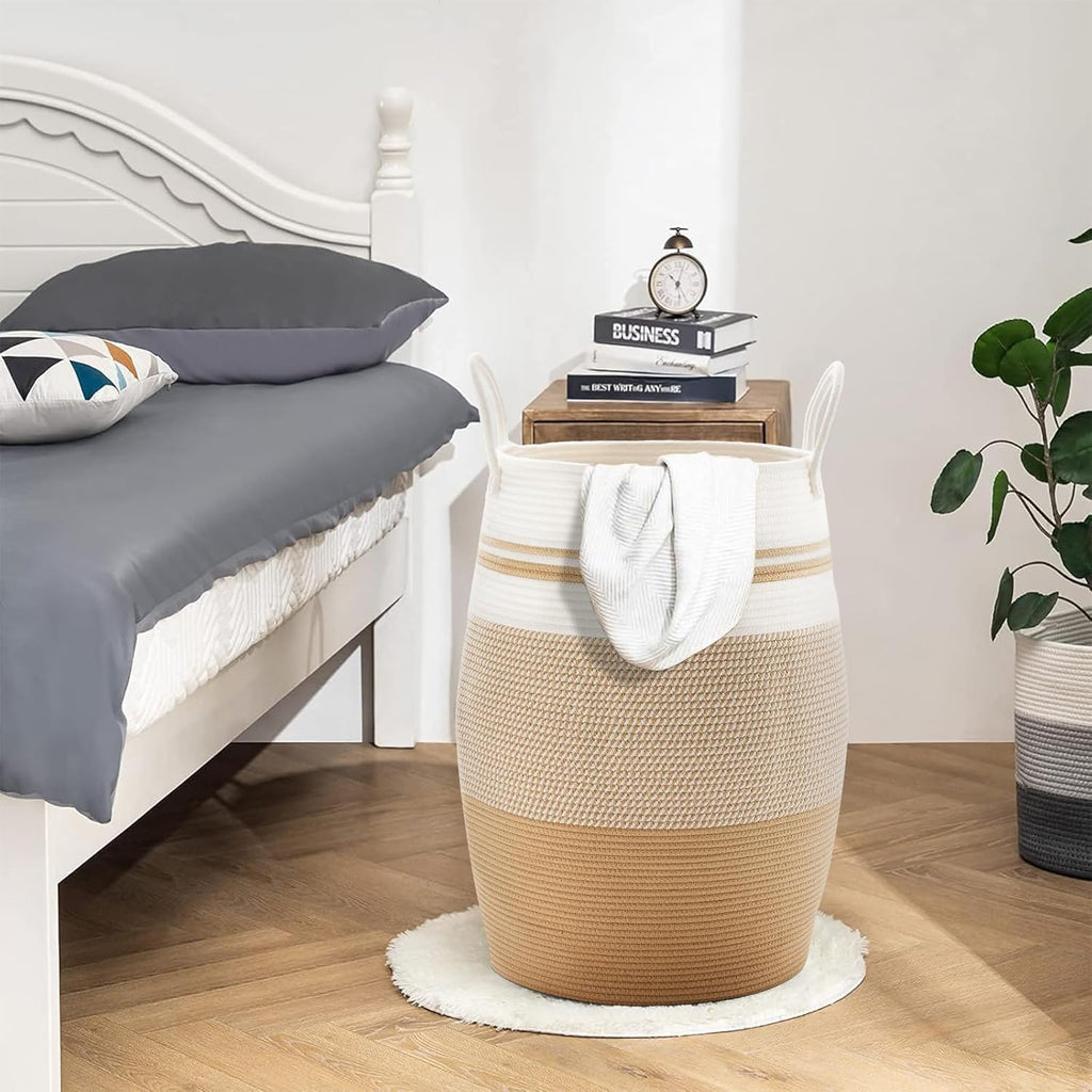 105L Extra Large Laundry Hamper Basket by Fiona's magic, Woven Tall Clothes Hamper for Storage Blanket, Toys and Dirty Cothes in Bedroom and Living Room Organizer, Brown & Black
