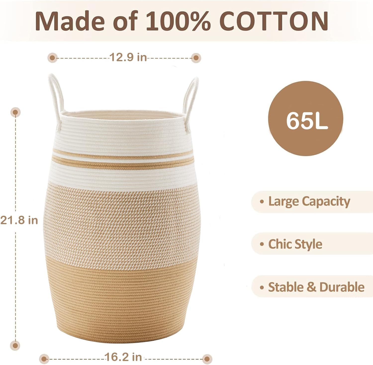 105L Extra Large Laundry Hamper Basket by Fiona's magic, Woven Tall Clothes Hamper for Storage Blanket, Toys and Dirty Cothes in Bedroom and Living Room Organizer, Brown & Black