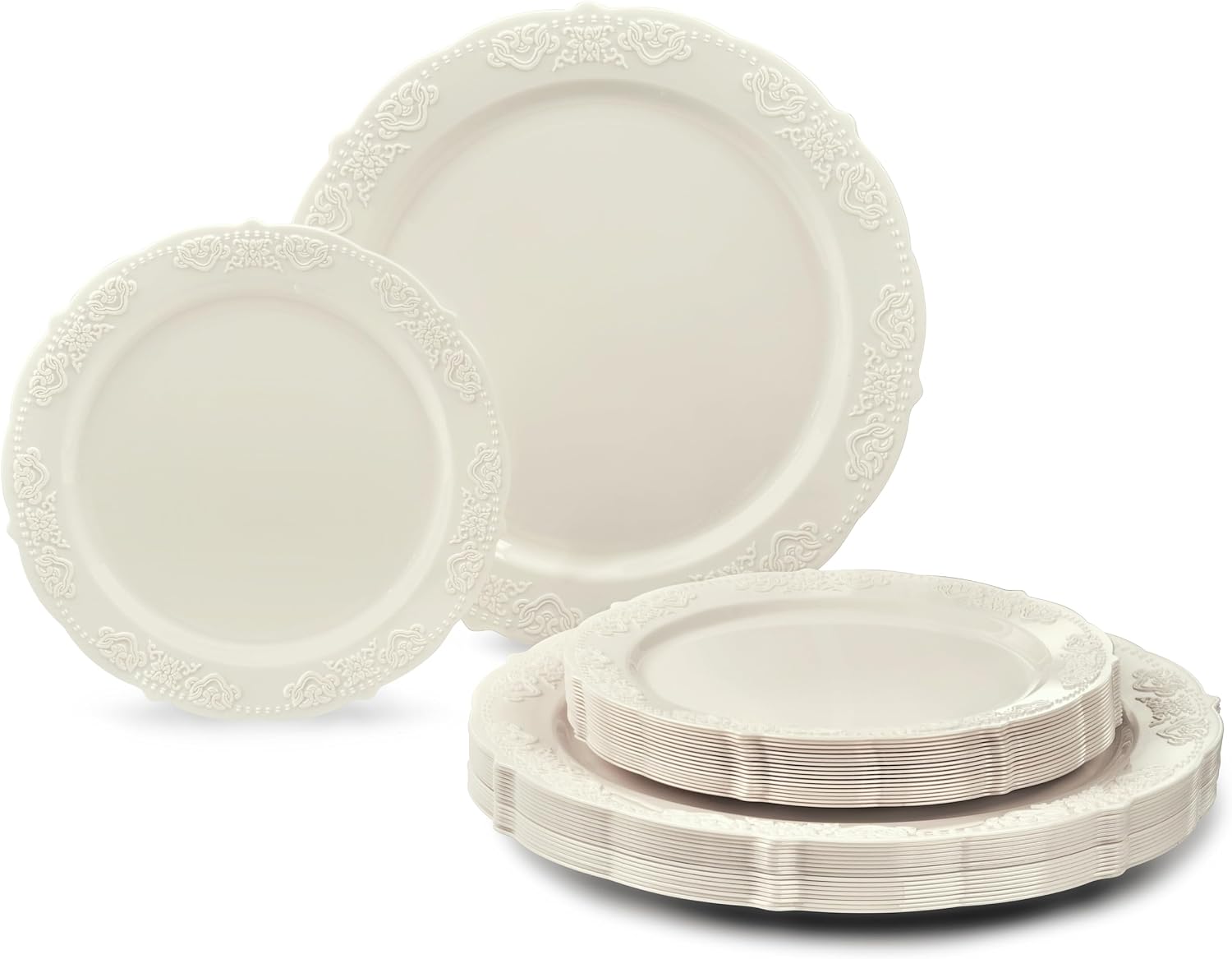 " OCCASIONS " 100 Plates Pack,(50 Guests) Vintage Wedding Party Disposable Plastic Plates Set -50x10.25'' Dinner + 50x7.5'' Salad/Dessert Plate (Portofino in plain Ivory)