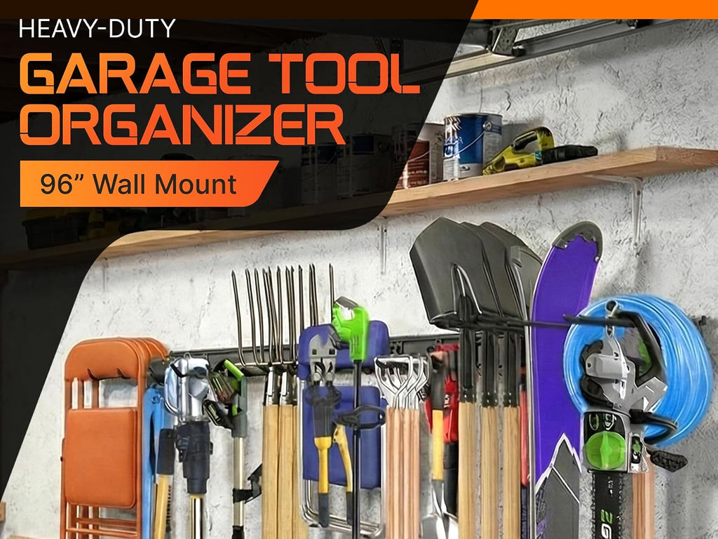 "48 Garage Tool Organizer Wall Mount - Heavy Duty 520lbs Metal Storage Rack, Easy Install Adjustable Hooks for Garden Tools Brooms