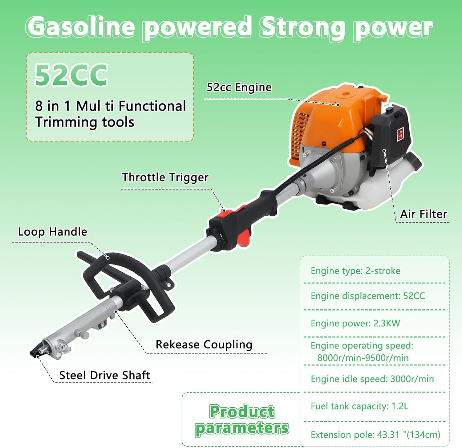 Gas Weed Eater 52cc, 2.3KW 2-Stroke Gas Powered Weed Wacker with Hedge Trimmer, Pole Saw, Brush Cutter & Auxiliary Wheel, Multi-Functional Lawn Care Tool for Yard, Garden Orange