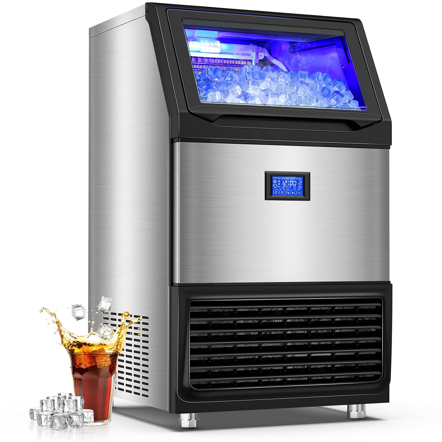 100LBS/24H High Output - Commercial Ice Maker with 20LBS Storage Bin - Dual Water Inlets, 36 Ice Cubes/Cycle, 15" Compact Undercounter/Freestanding Design - Self-Cleaning for Home Bars, Outdoor