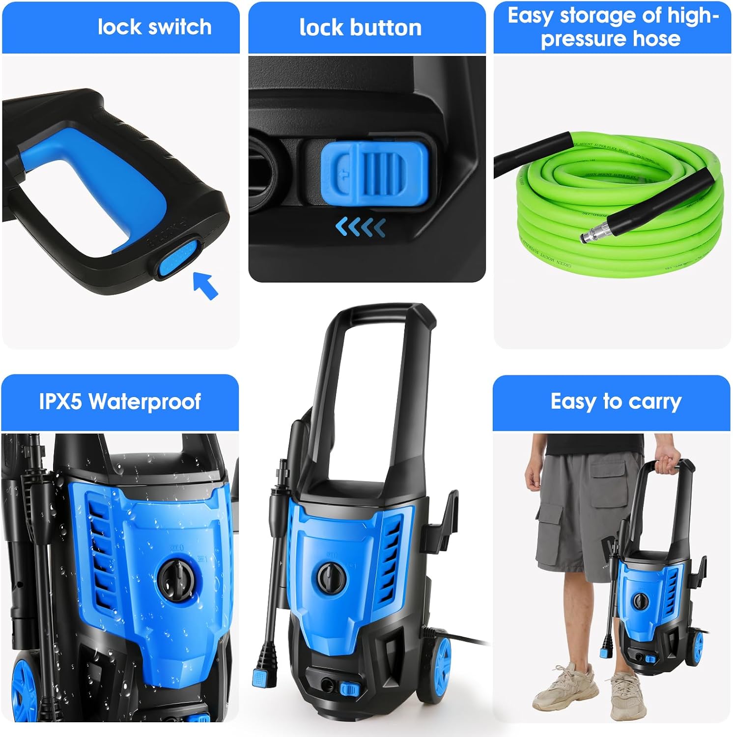, .5 18 High Power Washer with 4 Nozzles, Soap Bottle for Cleaning Car/Driveway/Patio (Blue), SY529285