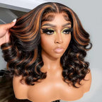 Blended Hair 28 Inch Highlight Ombre Lace Front Wig Wear and Go Glueless Wig 1B/30 Body Wave Wig Bio-Hybrid Memory Core™ Premium Fiber/Human Hair 220% Density
