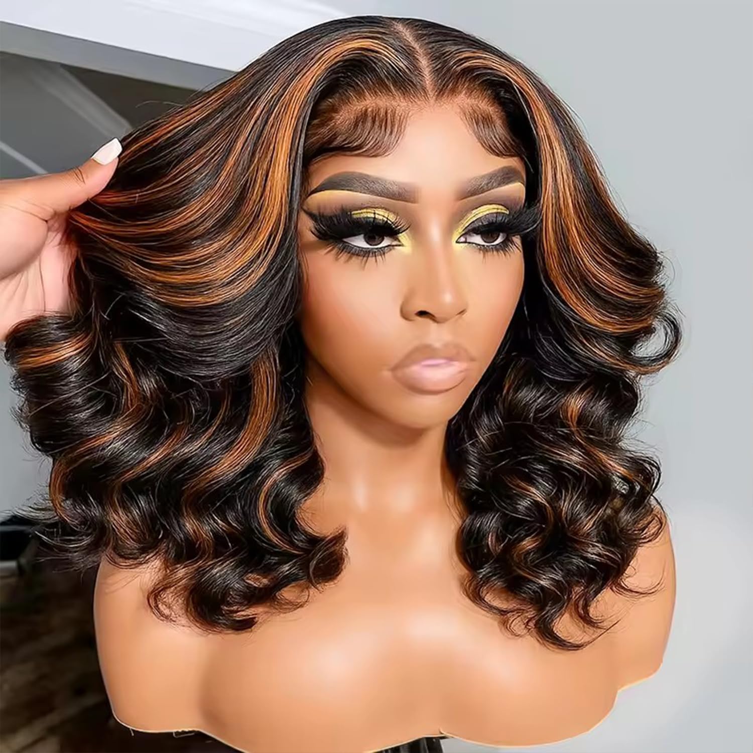 Blended Hair 28 Inch Highlight Ombre Lace Front Wig Wear and Go Glueless Wig 1B/30 Body Wave Wig Bio-Hybrid Memory Core™ Premium Fiber/Human Hair 220% Density