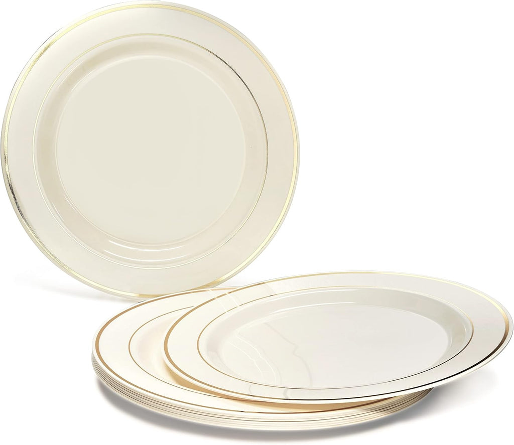 " OCCASIONS " 120 Plates Pack, Heavyweight Premium Disposable Plastic Plates Set 60 x 10.5'' Dinner + 60 x 6.25'' Dessert/Cake Plates (Ivory & Gold Rim)